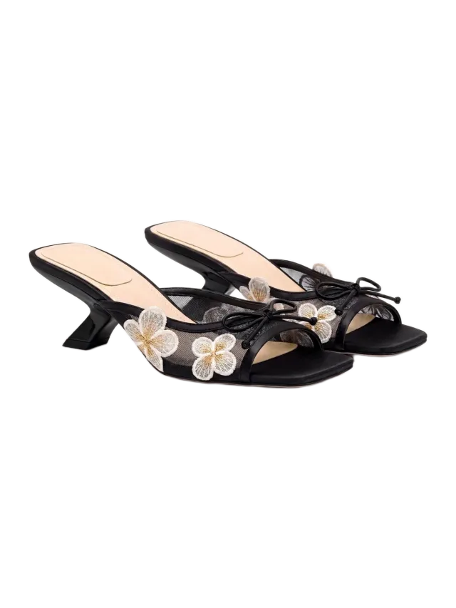 JW Pei Mireille Bow Floral Embroidered Appliqué Mesh Heeled Sandals