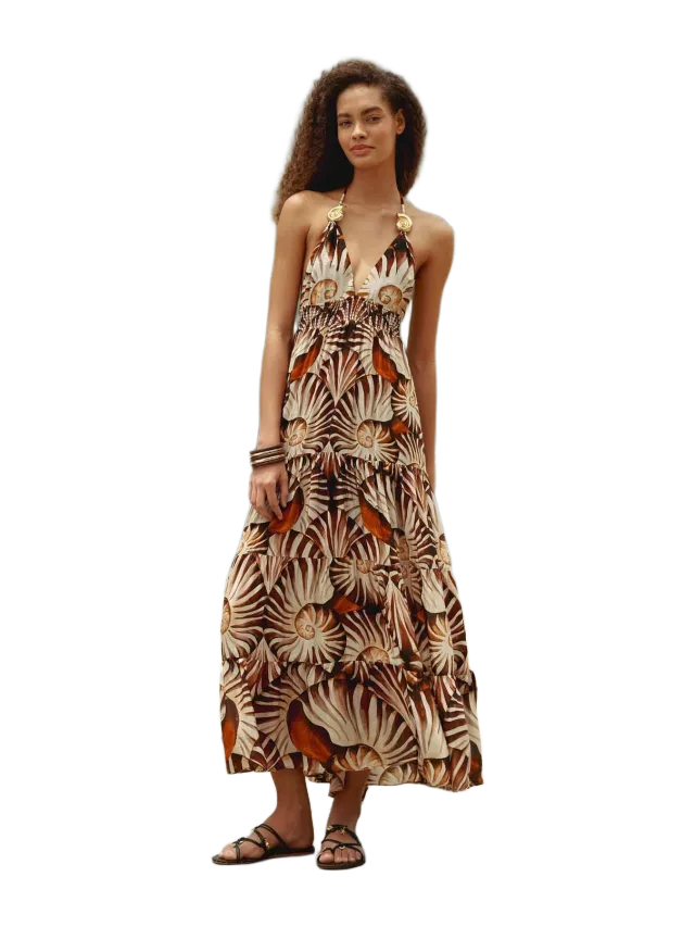 Multicolor Ammonite Tassel Smocked Maxi Dress