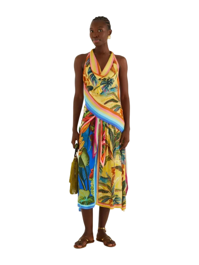 Farm Rio Multicolor Rainbow Summer Mixed Scarves Midi Skirt