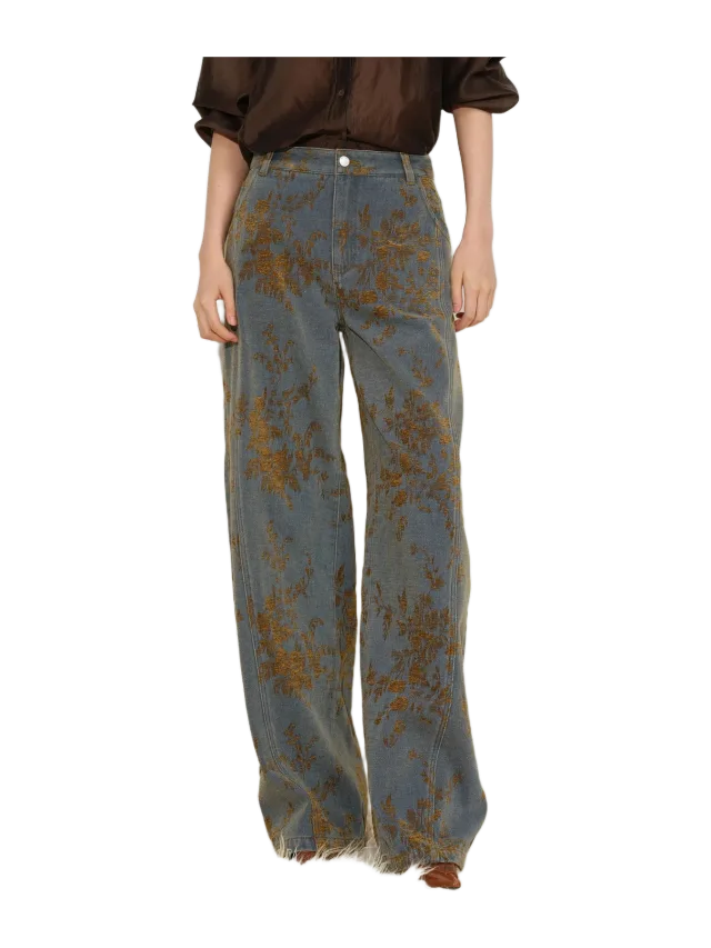 Fabrique Natalie Contrast Flocked Jacquard Barrel Leg Jeans