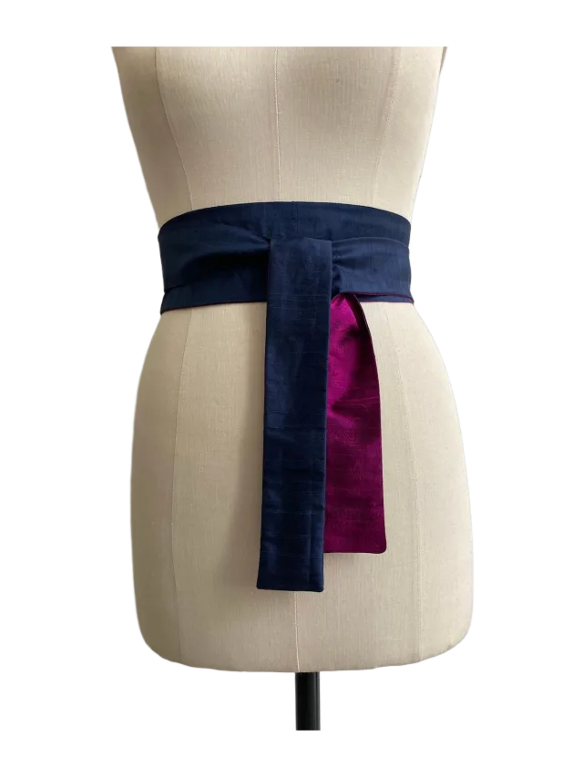 kimeradesign Navy and Magenta Reversible Silk Shantung Modern Obi Sash