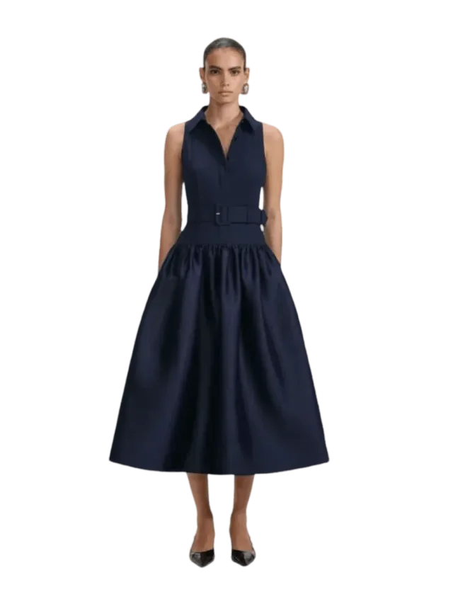 Self-Portrait Navy Belted Twill Midi Dress