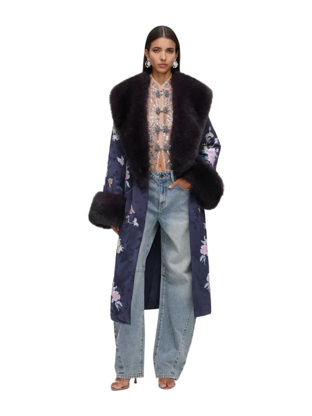 Self-Portrait Navy Floral Jacquard Fur Collar Coat