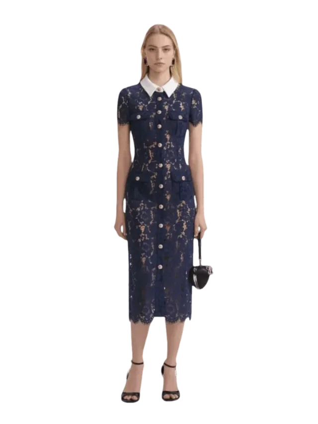 Self-Portrait Navy Lace Contrast Collar Midi Dress