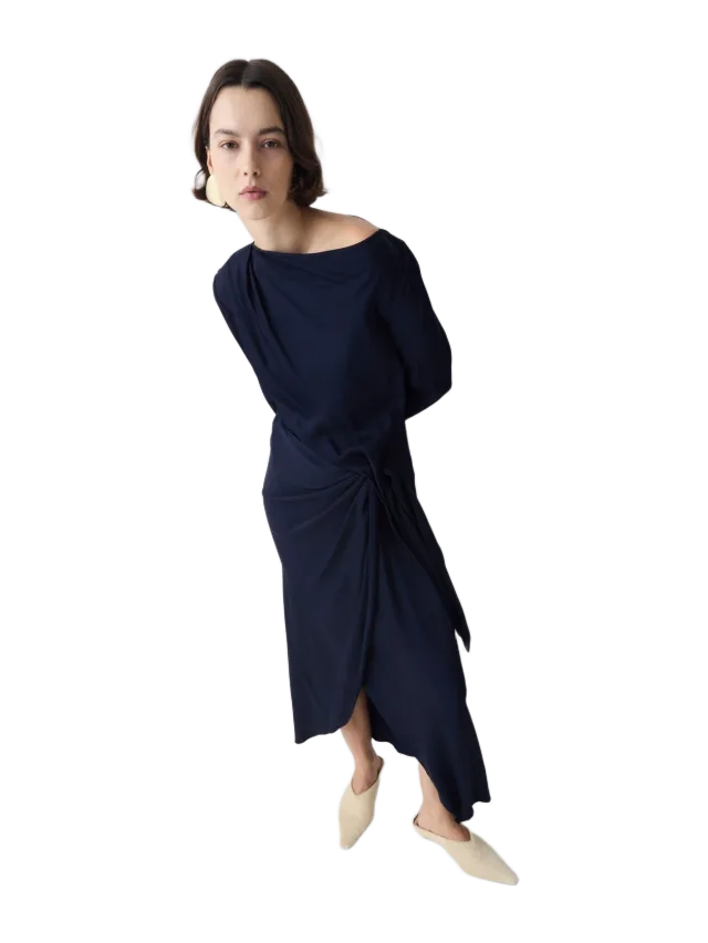 Bianca Spender NAVY SATIN CREPE MORI MIDI DRESS