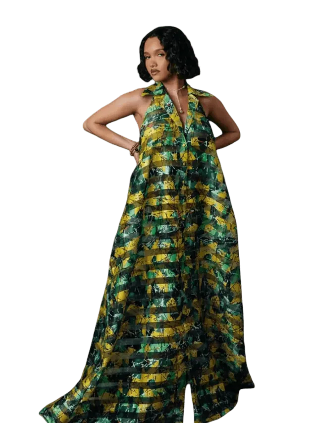 KAI Collective Naya Technical Organza Halter Low Back Shirt Dress - Green