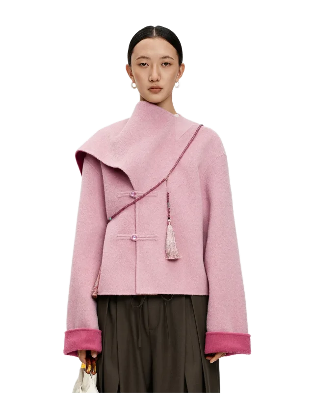 SELFWHO Chinese Style Scarf Collar Double-Faced Wool Coat