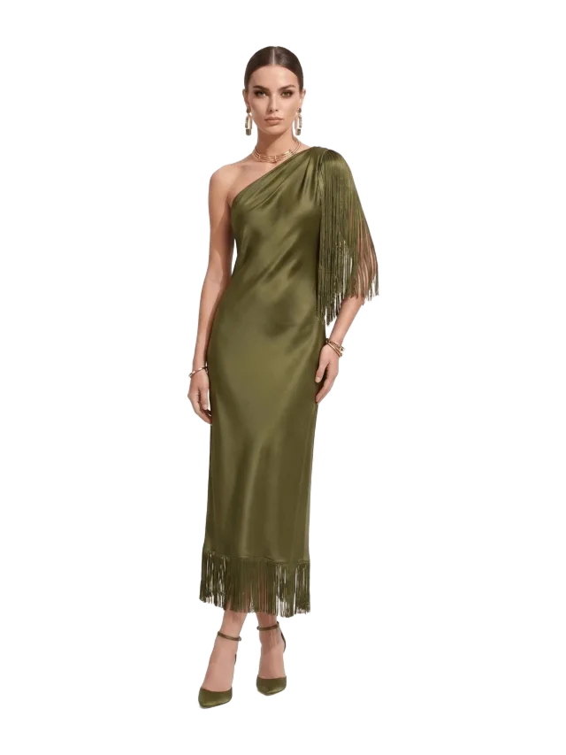 JW Pei One Shoulder Fringe Midi Dress - Olive Green