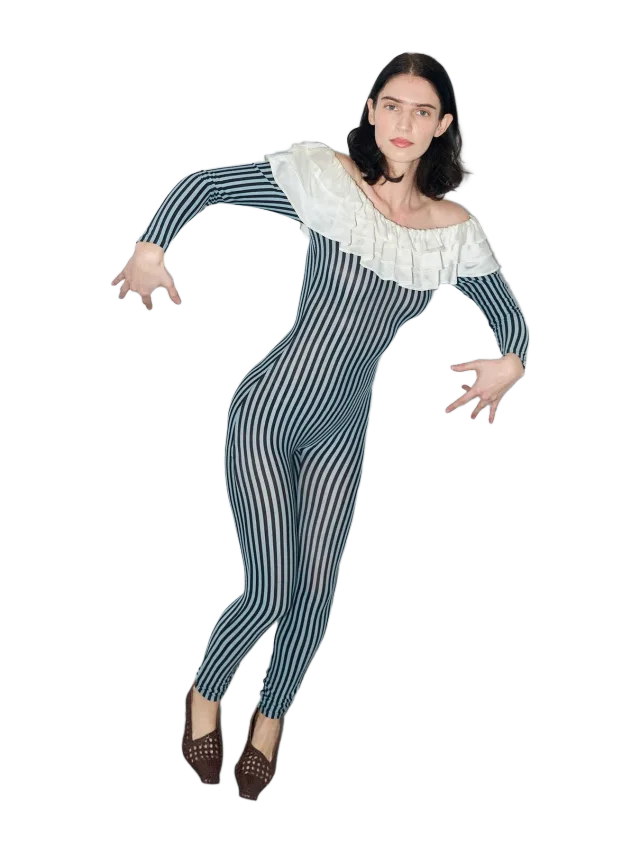 Fashion Brand Company Pierrot Jumpsuit with Silk Collar Blue Stripe