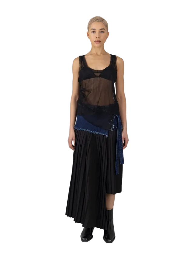ESTHÉ Pleated Asymmetric Wool and Denim Midi Skirt &bull; ESTHE