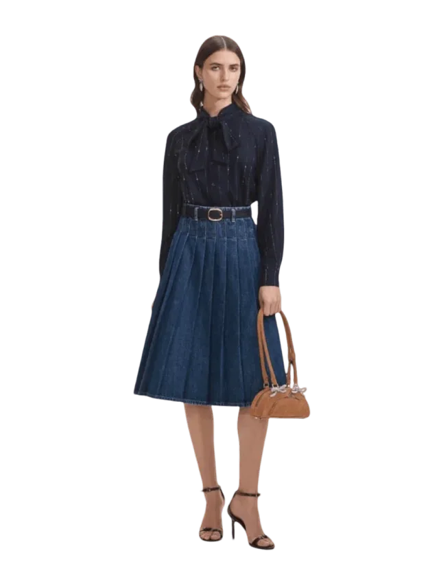 Self-Portrait Pleated Denim Midi Skirt