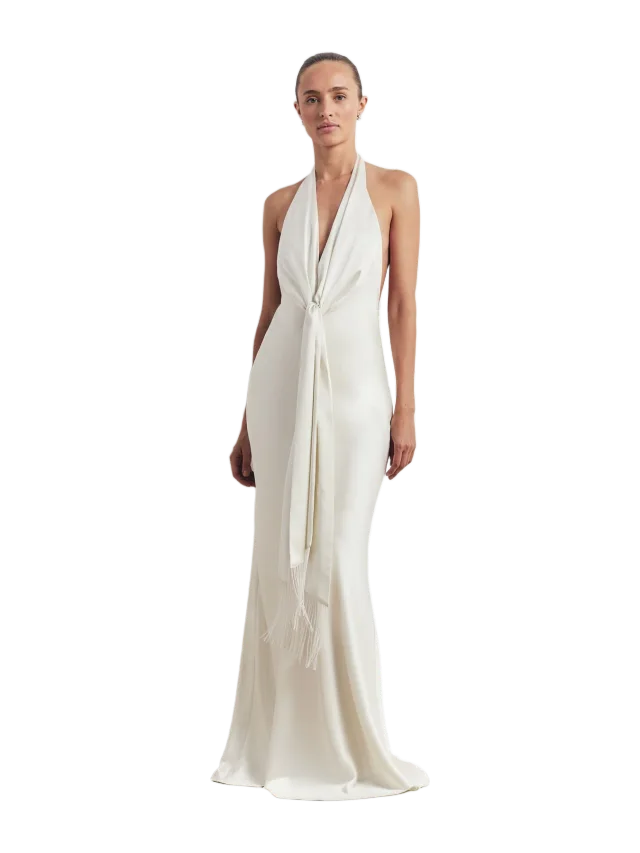 Plunging Knot Detail Gown with Fringing - Ivory