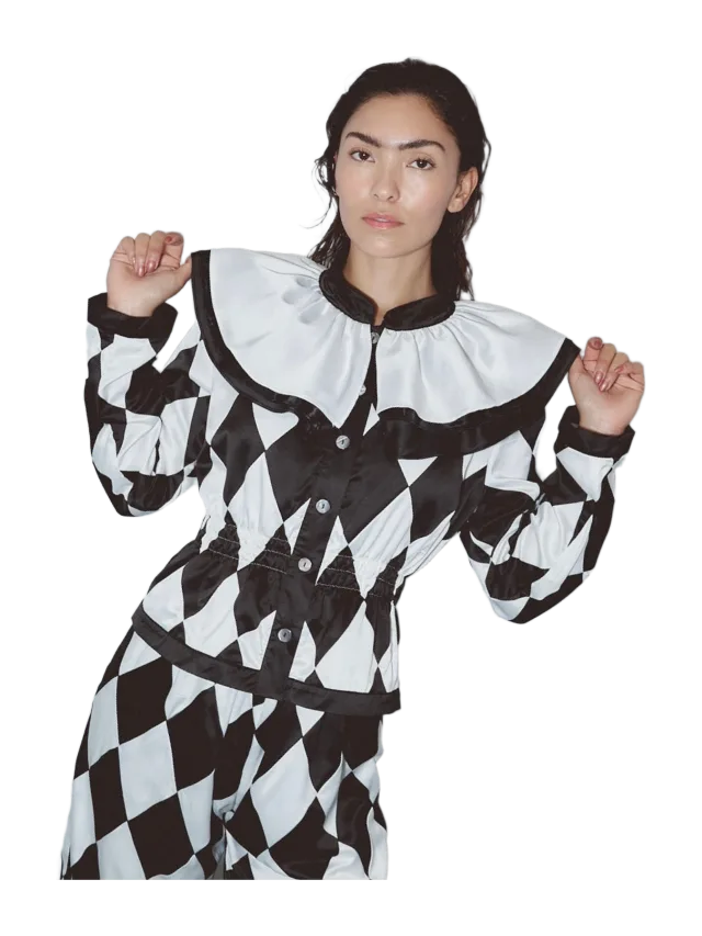 Fashion Brand Company Quilted Satin Harlequin Jester Top Black