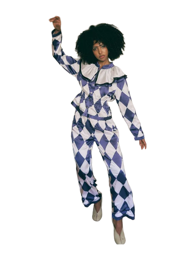 Fashion Brand Company Quilted Silk Harlequin Jester Pants Navy