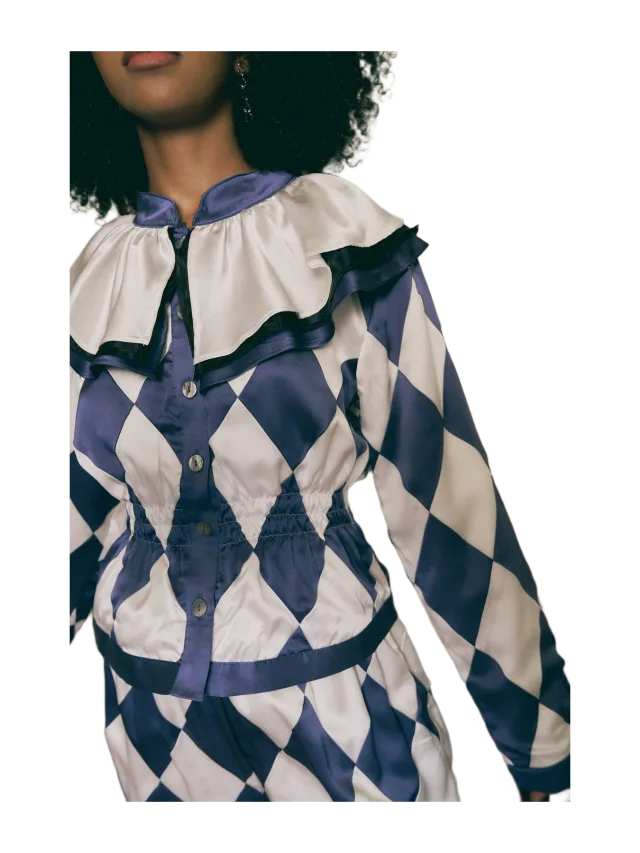 Fashion Brand Company Quilted Silk Harlequin Jester Top Navy