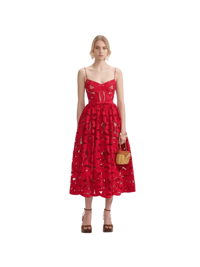 Self-Portrait Red Bow Embroidered Midi Dress
