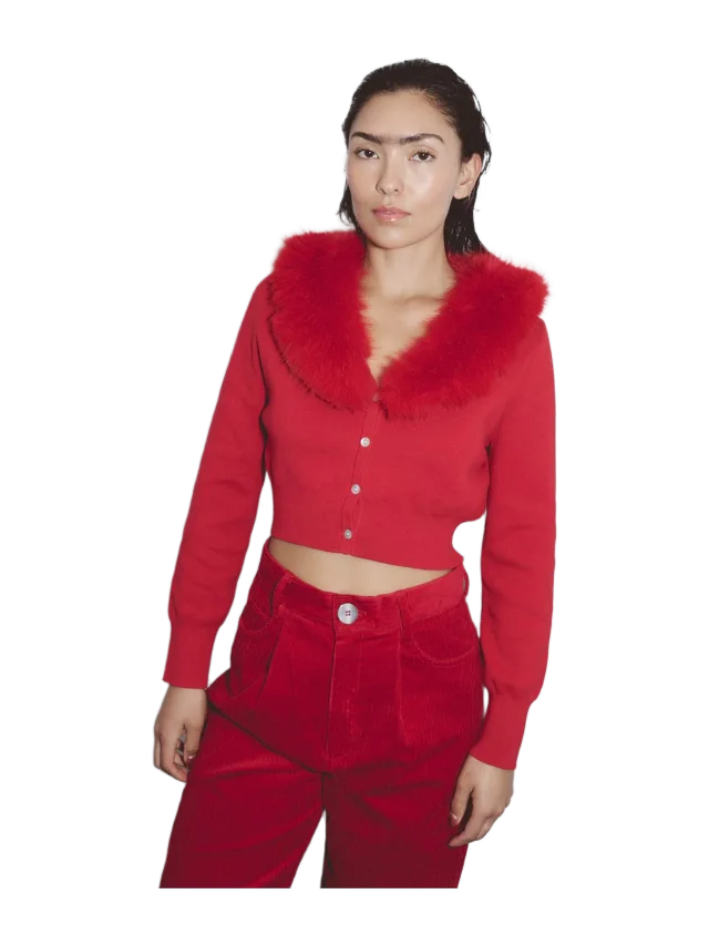 Fashion Brand Company Red Faux Fur Collar Cardigan