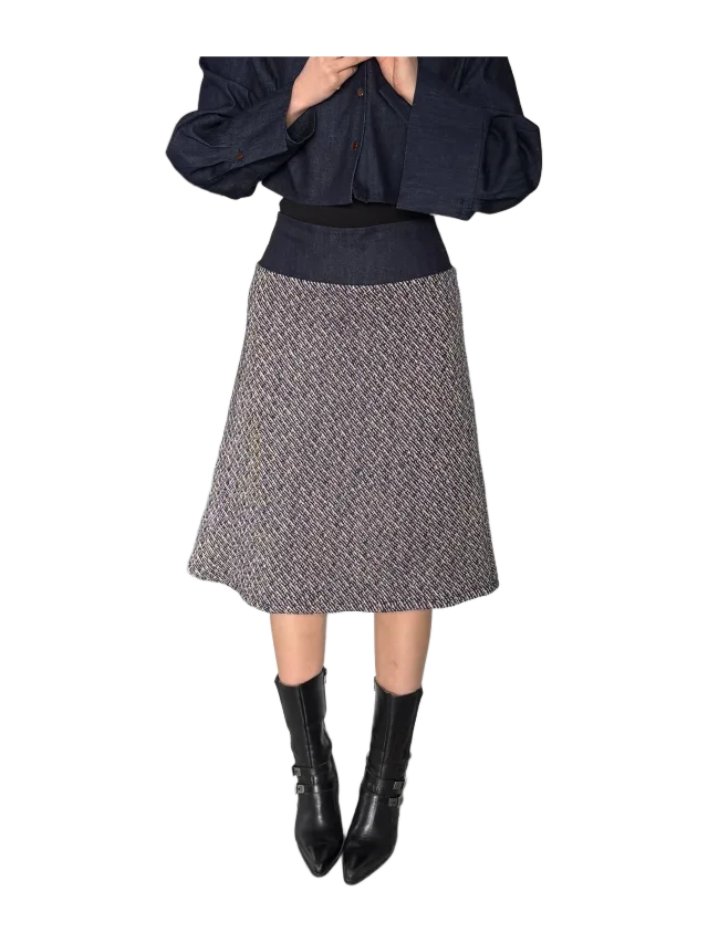 Aaizél REI JAPANESE WOOL BOUCLÉ A-LINE MIDI SKIRT in NAVY