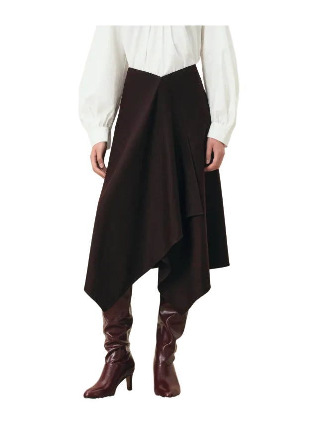 Fabrique Rhea Burgundy Asymmetric Wrap Midi Skirt in Wool Blend