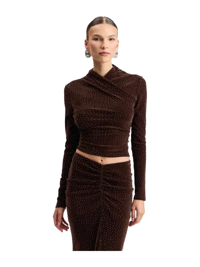 Avec Les Filles Rhinestone Embellished Wrap Neck Long Sleeve Top