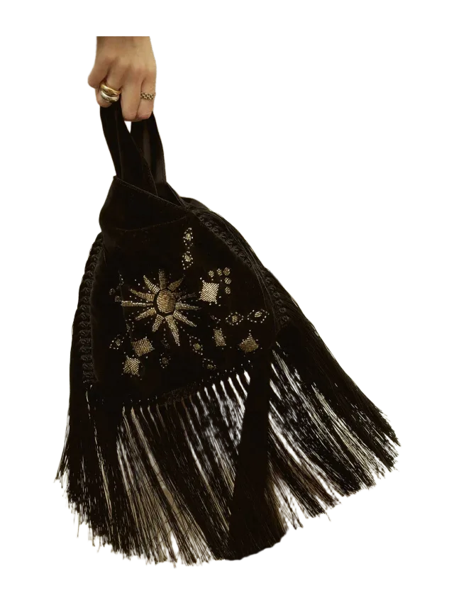 Sarah's Bags Rising Sun on Black Velvet Slip Bag with Fringes