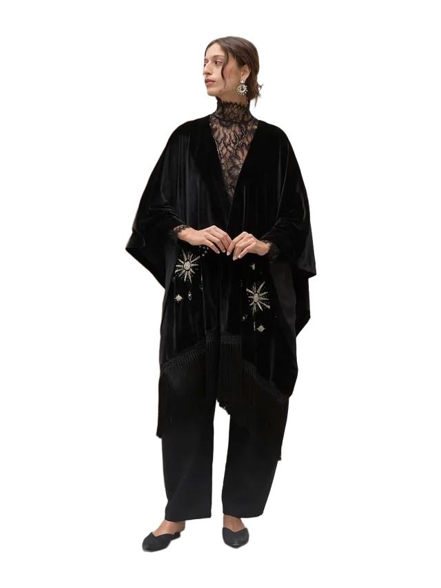 Sarah's Bags RISING SUN ON VELVET BLACK FRINGED PONCHO