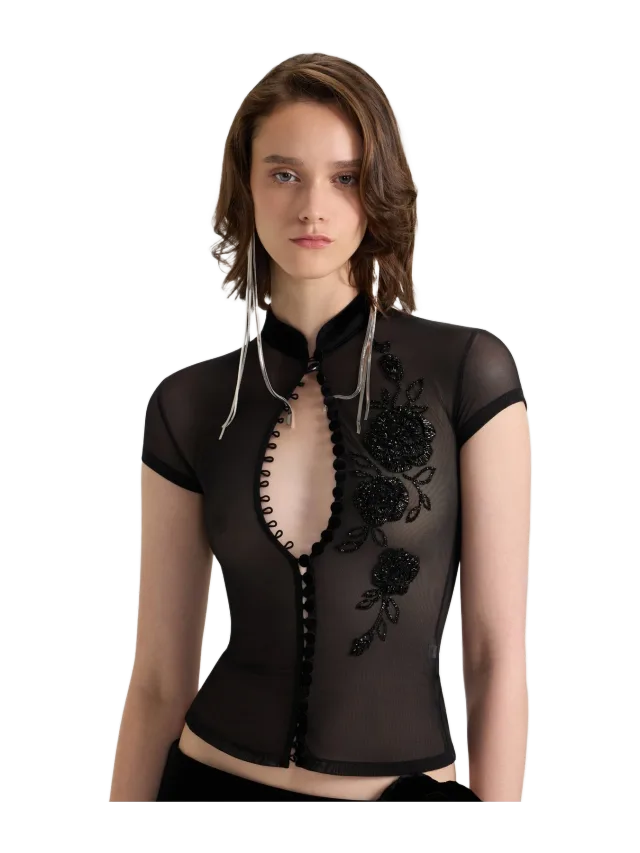 Fancì Club Rose Path Beaded Mesh Top