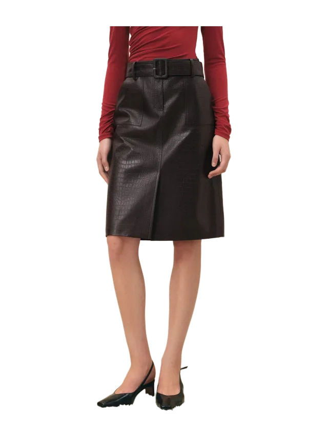 Fabrique Saga Croc Embossed Belted Midi Skirt in Faux Leather