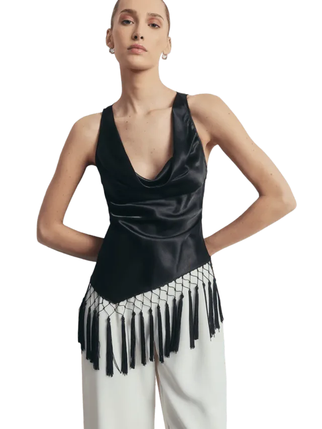 Because of Alice Satin Cowl Neck Tassel Hem Top