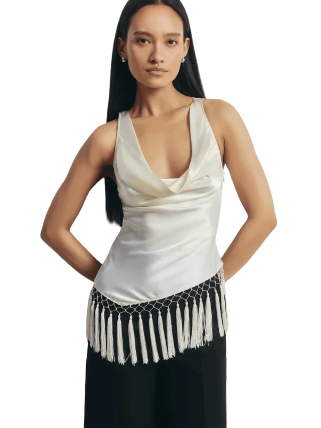 Because of Alice Satin Cowl Neck Tassel Hem Top