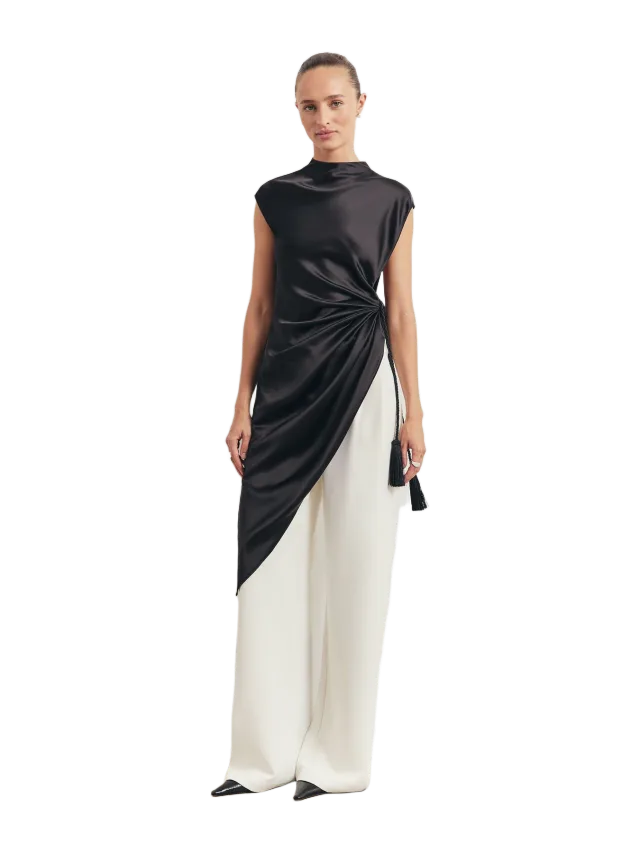 Because of Alice Satin Gathered Asymmetric Blouse with Tassel - Black