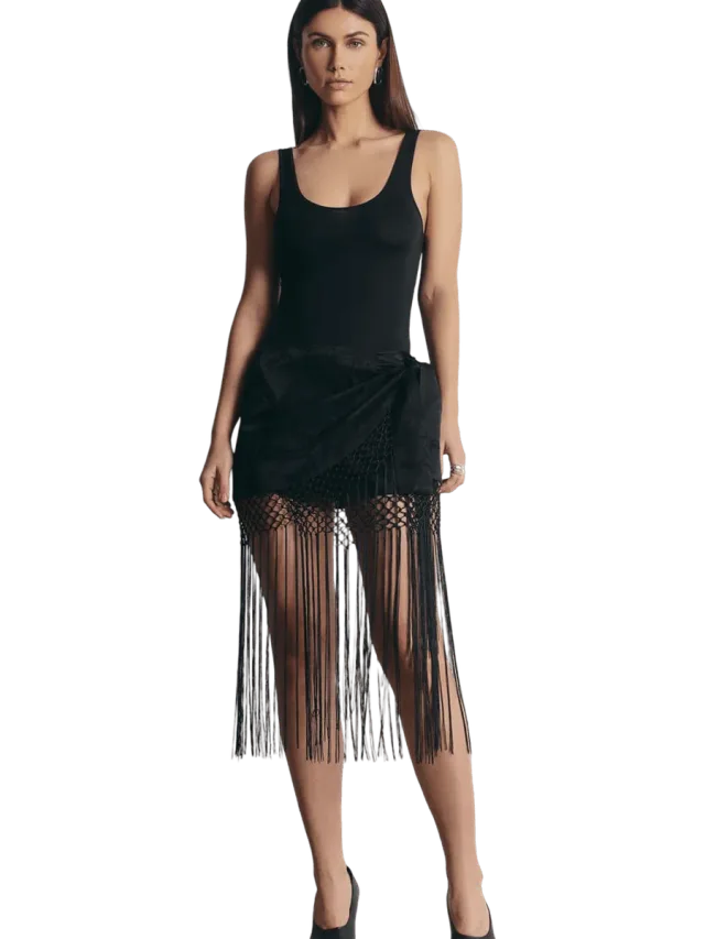 Because of Alice Satin Jacquard Sarong Midi Skirt with Fringing