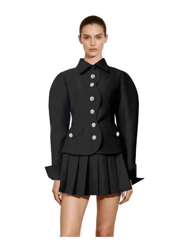 JW Pei Scalloped Placket Leg of Mutton Blazer - Black