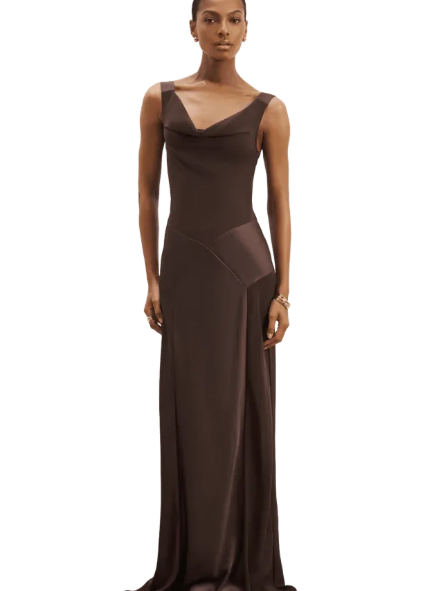 Because of Alice Sheer Chiffon Cowl Neck Satin Panel Gown - Carob