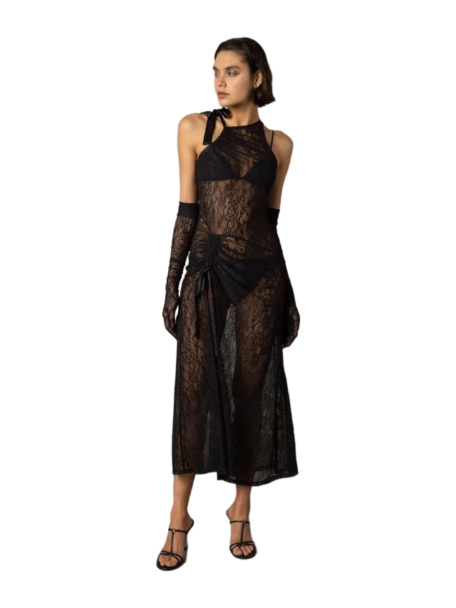 ESTHÉ Sheer Lace Asymmetric Neckline Maxi Dress &bull; ESTHE
