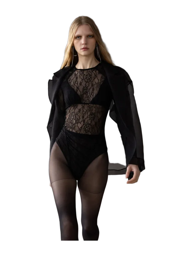 ESTHÉ Sheer Lace Gathered Bodysuit &bull; ESTHE