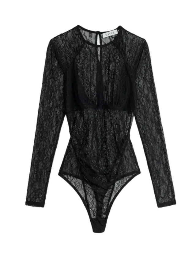 ESTHÉ Sheer Lace Gathered Bodysuit &bull; ESTHE