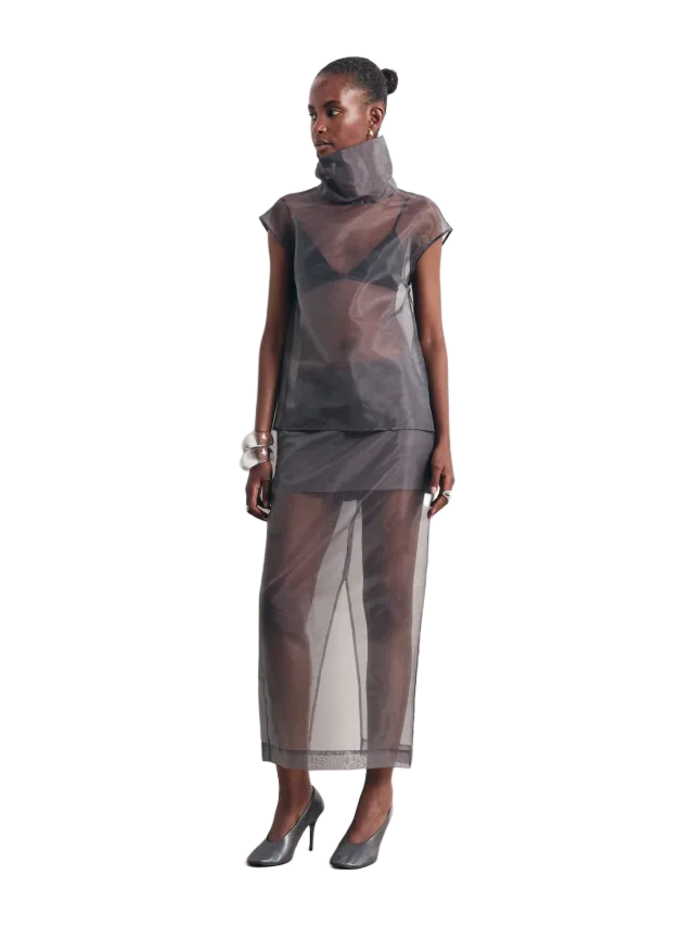 Sheer Organza Column Midi Skirt - Slate