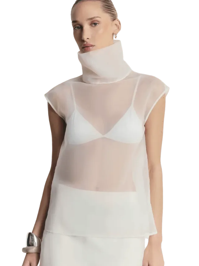 Because of Alice Sheer Organza Funnel Neck Blouse