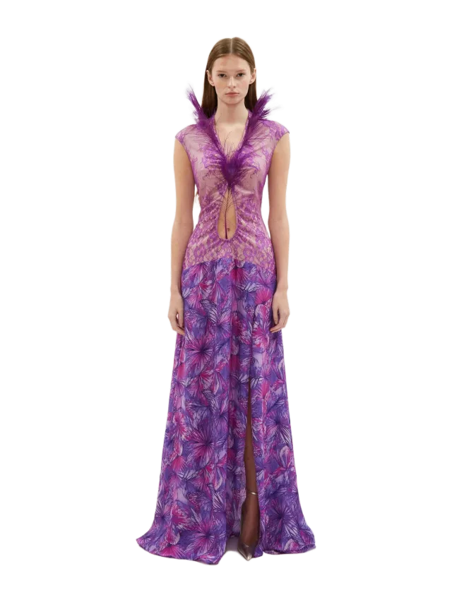 Kim Shui Silk And Mesh Gown With Feathers