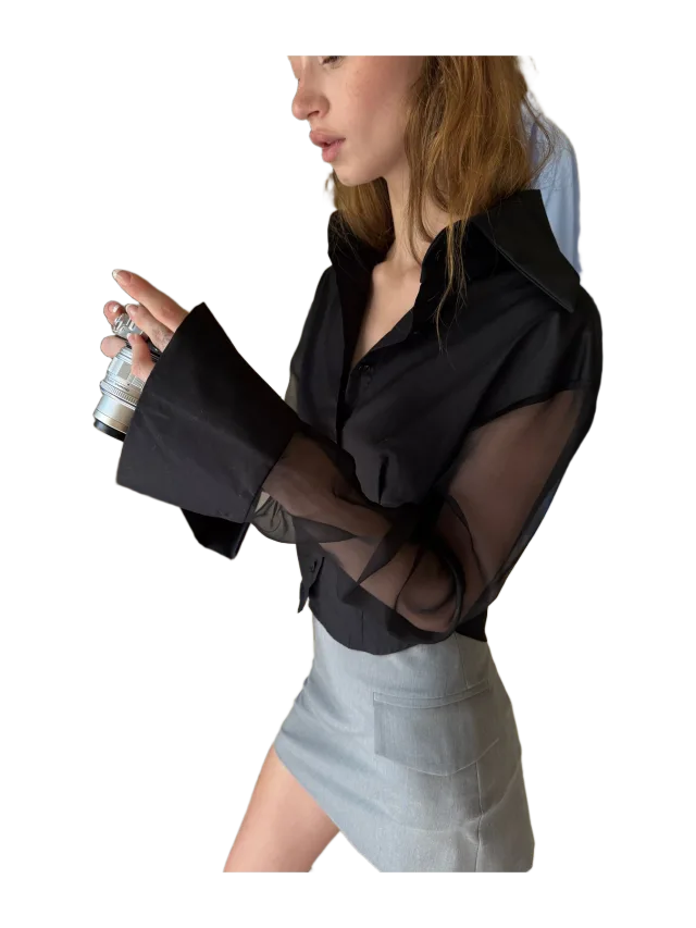 Aaizél SILK ORGANZA SLEEVE SHIRT in BLACK