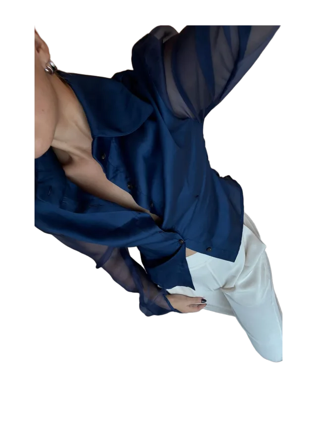 Aaizél SILK ORGANZA SLEEVE SHIRT in ROYAL NAVY