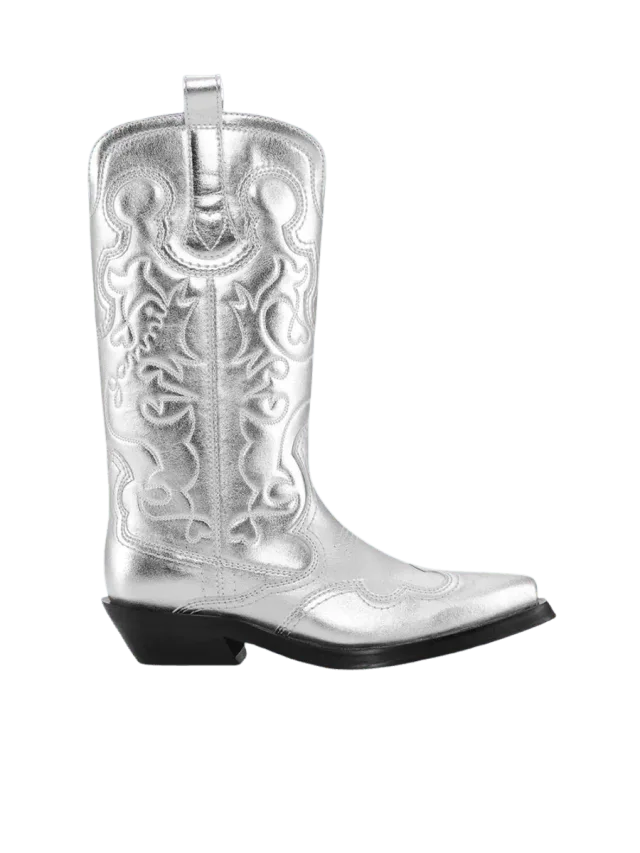 GANNI Silver Mid Shaft Embroidered Western Boots
