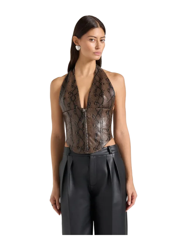 Manière de Voir Sloane - Python Halterneck Corset Top - Brown