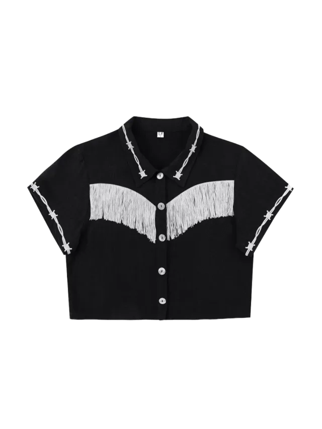Fashion Brand Company Soft Linen Pammy Fringe Blouse Black