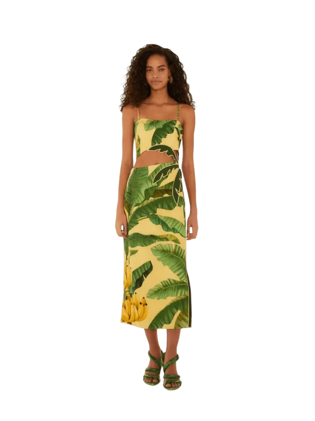Farm Rio Soft Yellow 3D Banana Leaves Maxi Dress