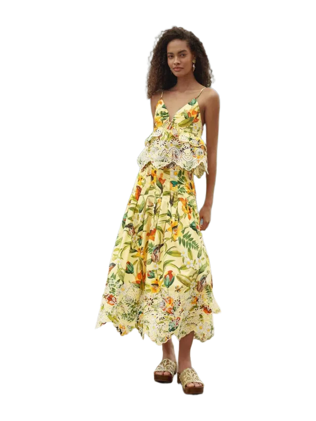 Farm Rio Soft Yellow Brasil Collage Lace Maxi Skirt