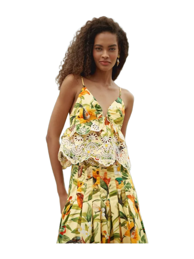 Farm Rio Soft Yellow Brasil Collage Lace Ruffled Blouse