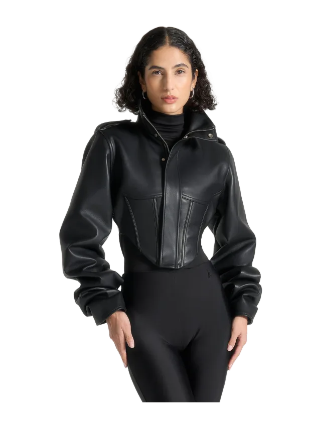 Manière de Voir Solange - Leather Tacked Sleeve Corset Jacket - Black