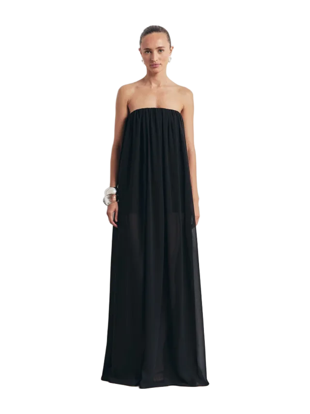 Strapless Chiffon Layered Corset Maxi Dress - Black